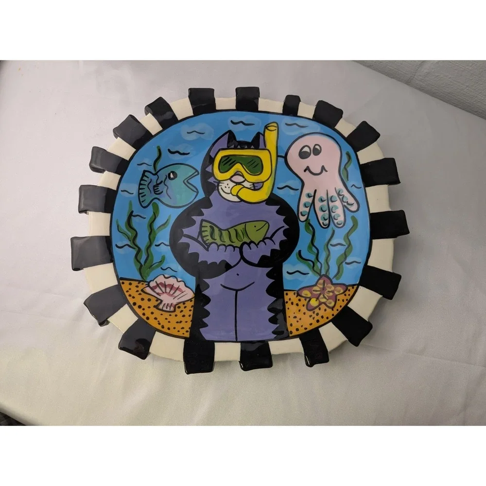 Jay and Toni Mann Pottery Cool Cat Diver Octopus Fish‎ Ceramic Plate